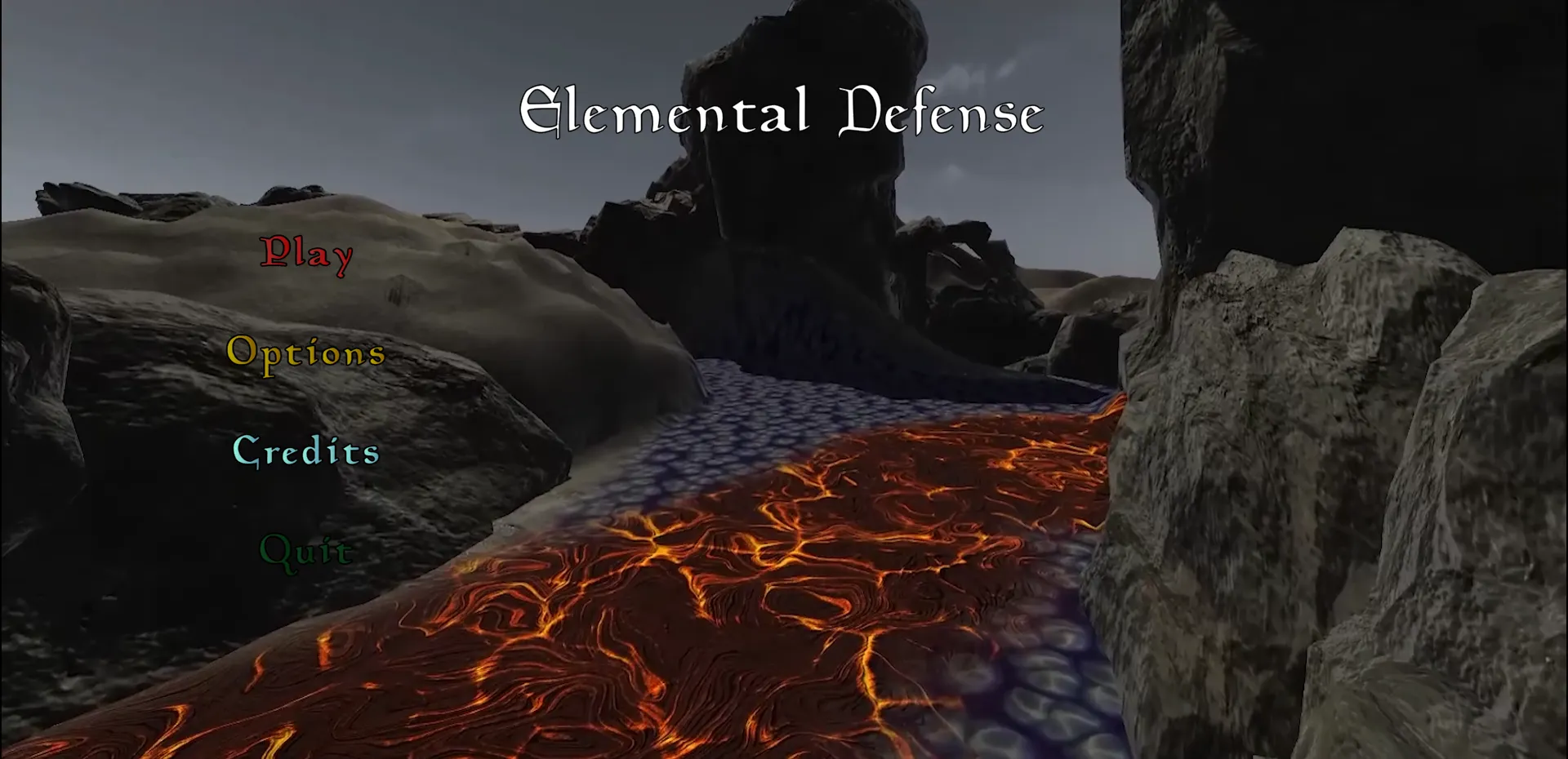 The title screen for the game Elemental Defense, displaying a rocky path with lava flowing over it.