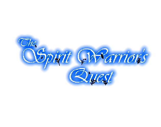 The logo for the game The Spirit Warrior's Quest, done in cursive and outlined softly in blue. Plants grow among the letters.